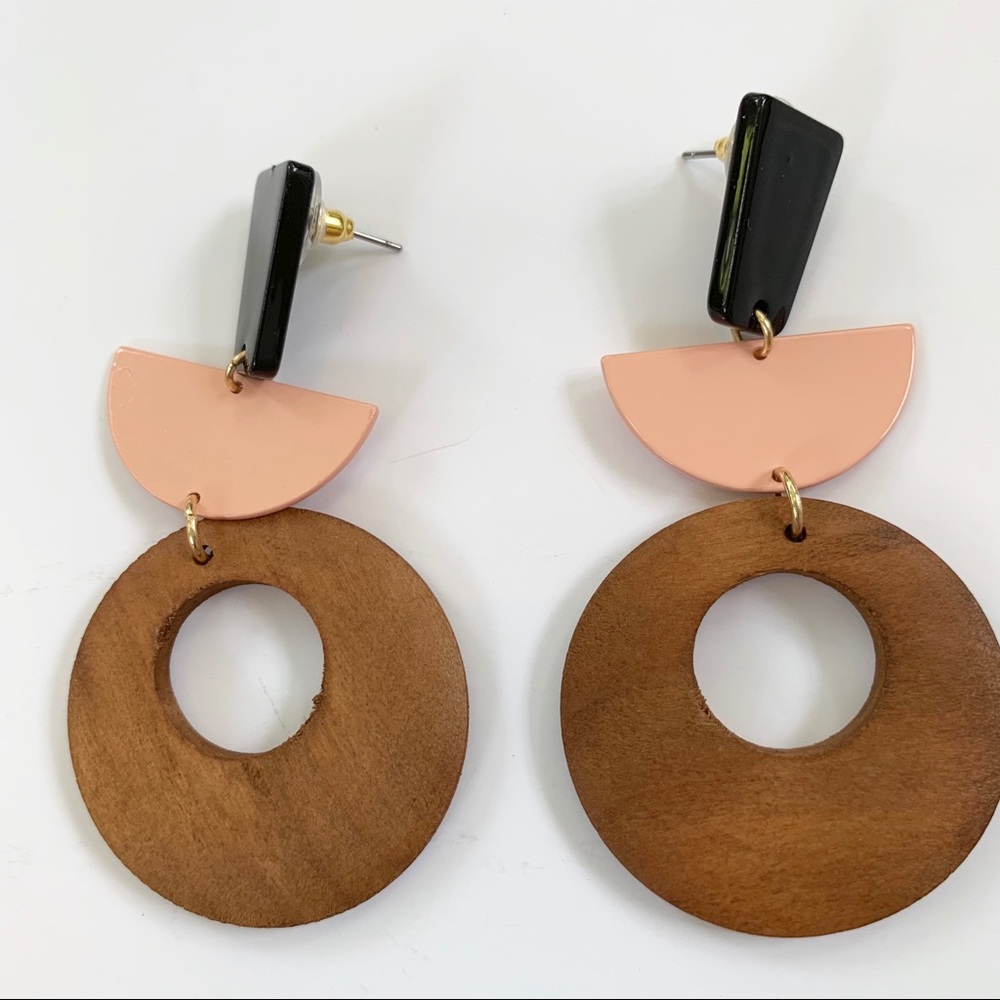 Wood Mixed Media Geometric Modern Earrings NWT - Picture 3 of 5